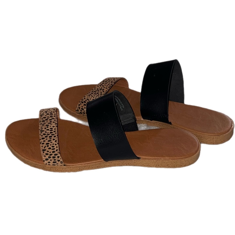 Two-Band Slide Sandals with Black and Brown Leopard Strap - Picture 2 of 4